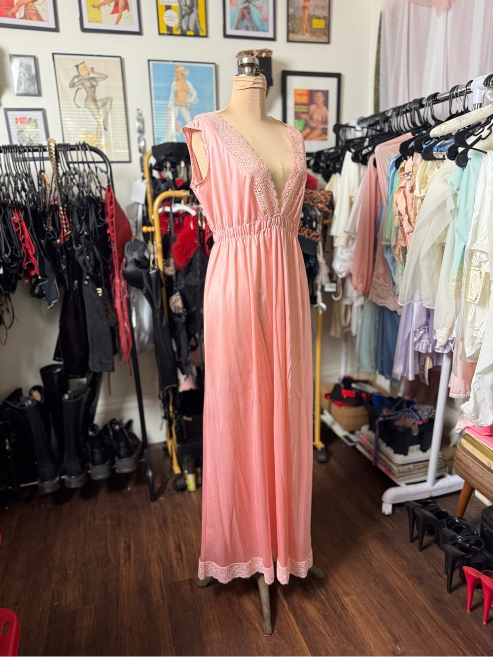Vintage 1960’s - 1970’s Pink Nightgown Deep V Nightie Vintage Sleepwear